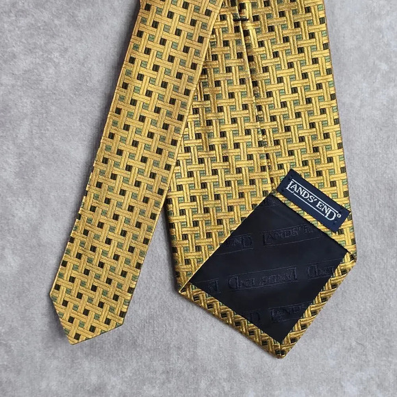 Lands' End USA Gold Brown Green Executive Geometric Square Silk Neck Tie Men's - Picture 6 of 6